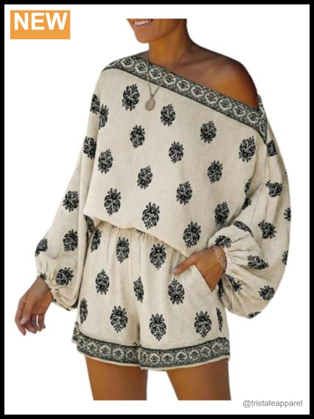 Linen Two Piece Shorts Set Off Shoulder Lantern Sleeve Vacation Outfit
